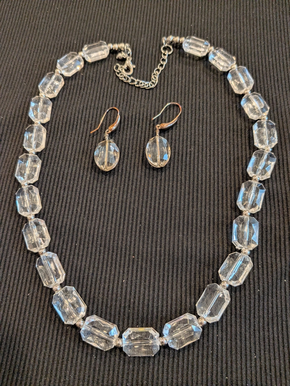Genuine Lucite Clear Silver Accent Adjustable Necklace 9" and Earring Set